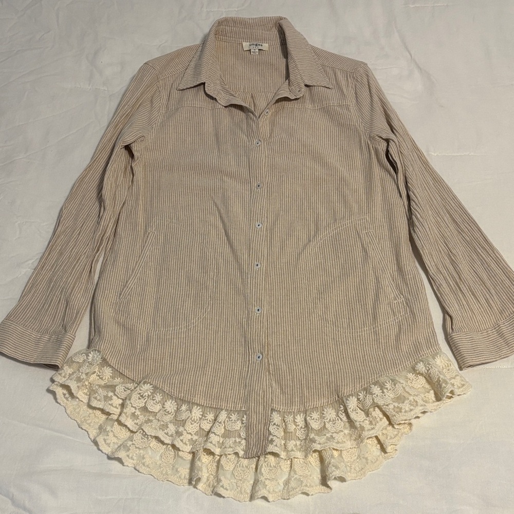Umgee Beige Button Down Shirt with Lace Hem